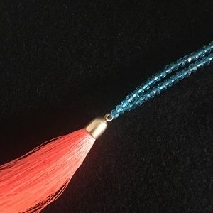 J. Crew Aqua Faceted Bead Necklace Orange Tassel